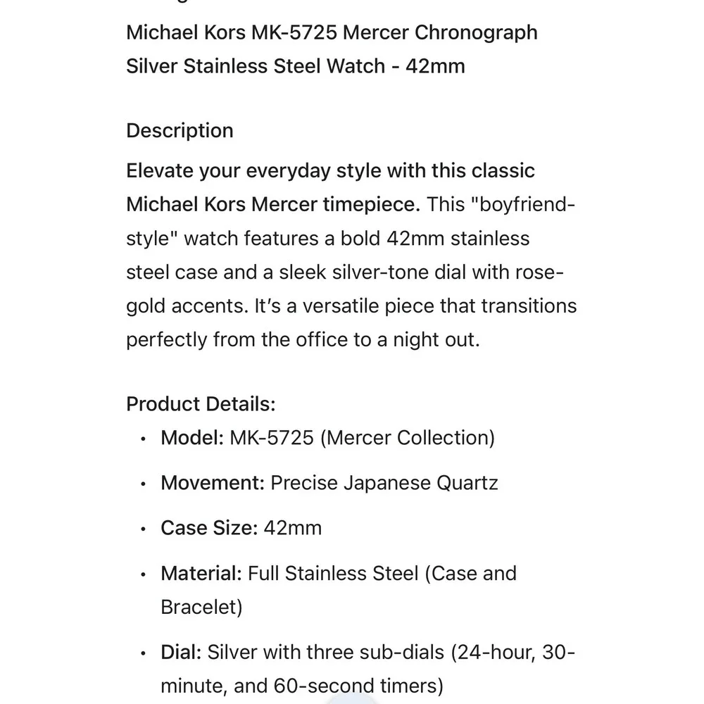 Michael Kors‎ MK-5725 Mercer Chronograph Silver Stainless Steel Watch 42mm